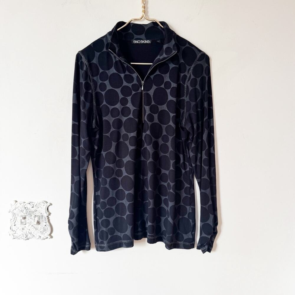 Sno Skins Black Polka Dot 1/2 Zip Mid Base Layer Long Sleeve Ski Top L